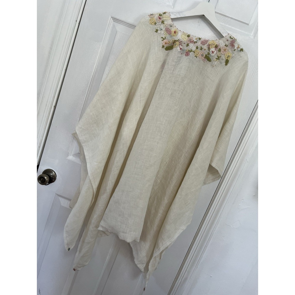Péro Aneeth Arora 100% Linen Floral Embroidered Kaftan Poncho Tunic Sz 38 Luxury - Picture 4 of 16